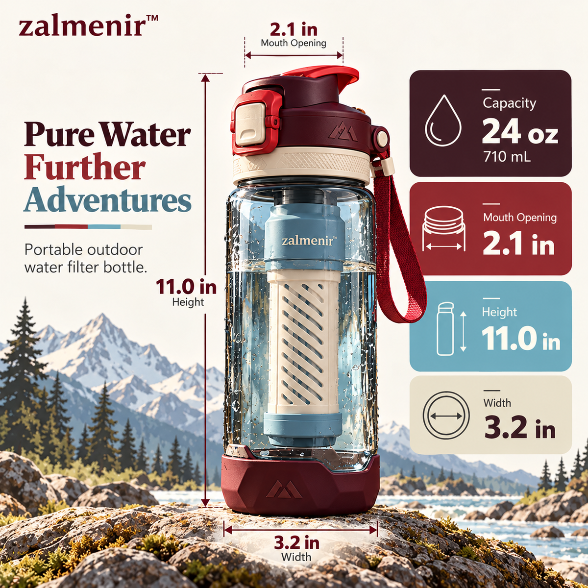 𝐳𝐚𝐥𝐦𝐞𝐧𝐢𝐫™ Portable Water Filter Bottle Hiking Camping Purifier