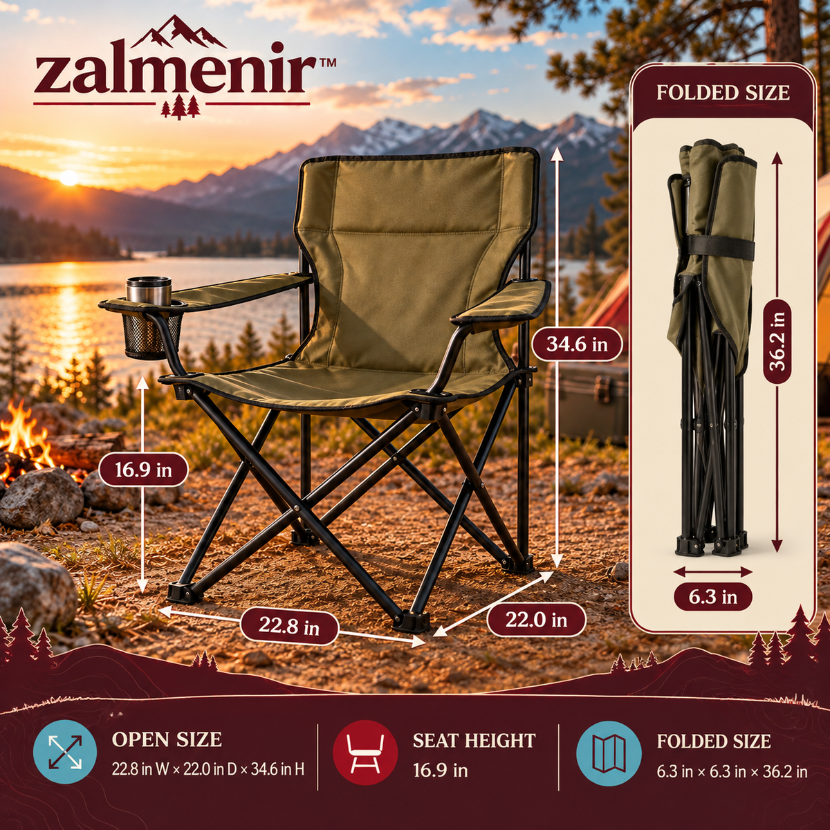 𝐳𝐚𝐥𝐦𝐞𝐧𝐢𝐫™ Folding Camping Chair Portable Outdoor Seating