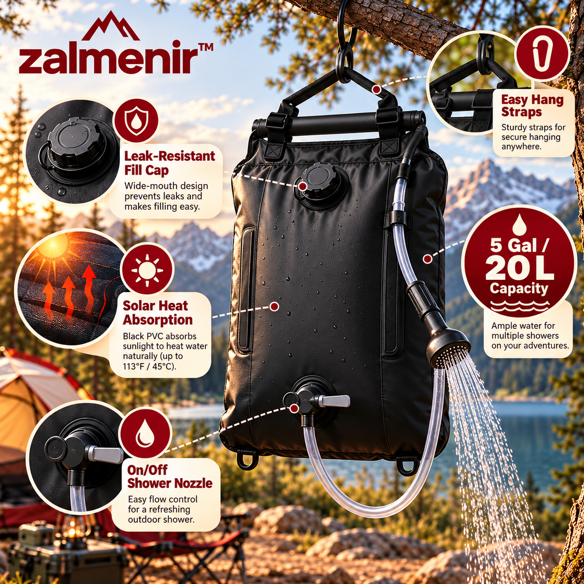 𝐳𝐚𝐥𝐦𝐞𝐧𝐢𝐫™ Portable Camping Shower Bag Outdoor Solar Shower
