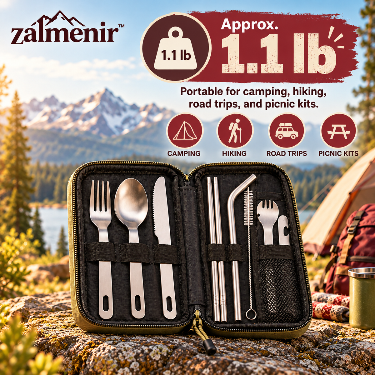 𝐳𝐚𝐥𝐦𝐞𝐧𝐢𝐫™ Camping Utensil Set Portable Outdoor Flatware Kit