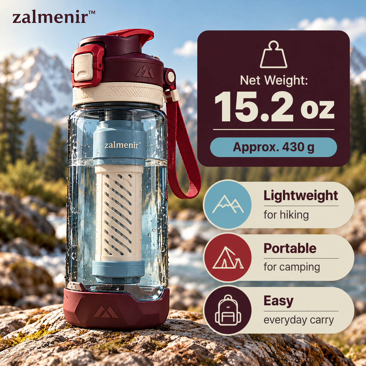 𝐳𝐚𝐥𝐦𝐞𝐧𝐢𝐫™ Portable Water Filter Bottle Hiking Camping Purifier